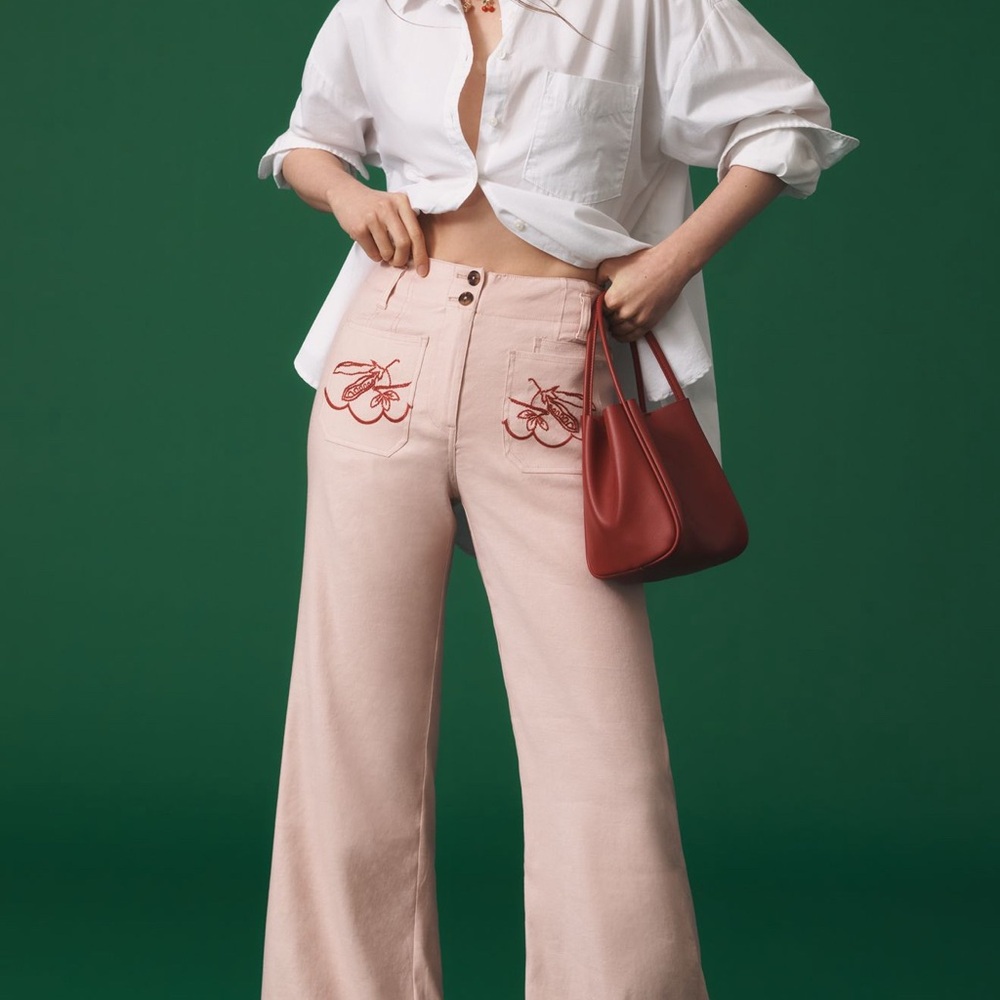 The Junie High-Rise Flare Pants by Maeve:
Embroidered Edition - PALE PINK